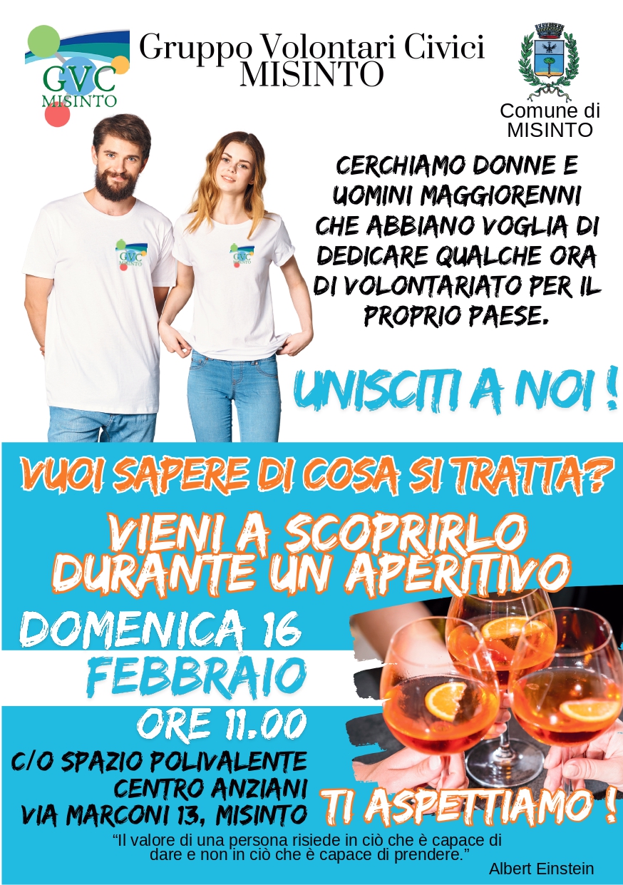 Il Gruppo Volontari Civici di Misinto organizza per le ore 11:00 di domenica 16.02.2025 un aperitivo al Centro Anziani per aspiranti volontari 